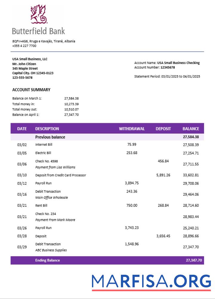 Realistic Butterfield bank organization checking account statement Word and PDF format sample
